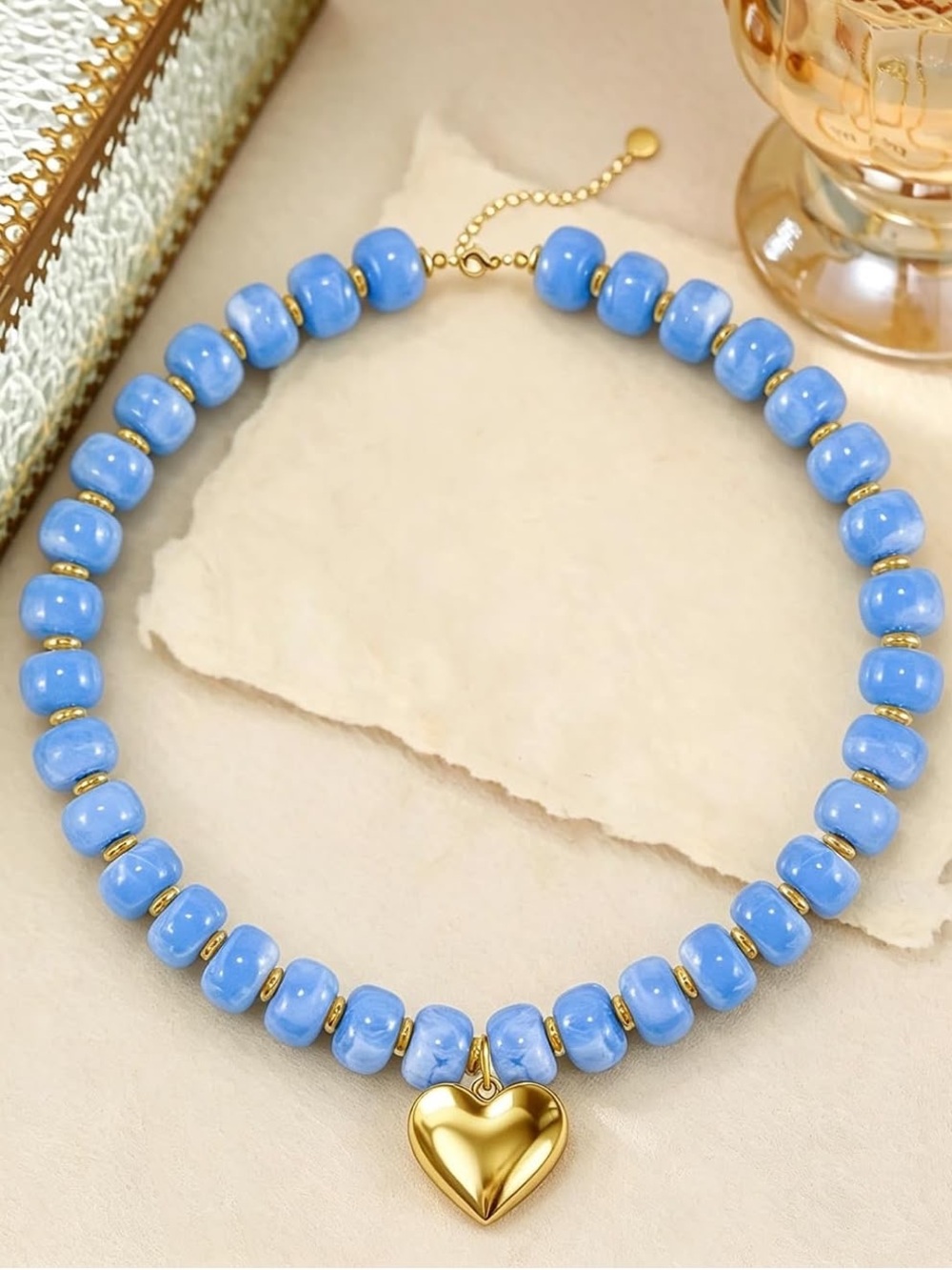 Anthropologie Gold Tone Heart Pendant Blue Bead Necklace - Women Jewelry - Picture 2 of 6